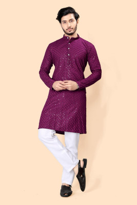 Shree Dutt Creation Men Chikan Embroidery Straight Kurta(Purple)