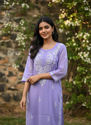 BANSII DHUN Women Embroidered Straight Kurta(Purple)
