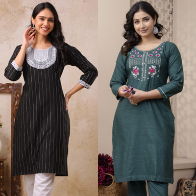 AUZAAI COLLECTION Women Embroidered Straight Kurta(Green, Black)
