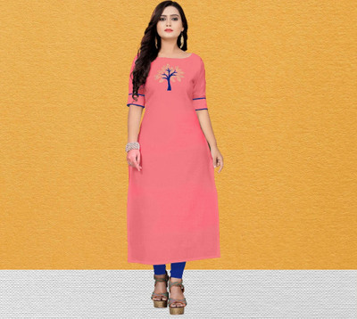Fentin Enterprise Women Patchwork, Solid, Woven Design, Applique, Paisley, Self Design Straight Kurta(Pink)