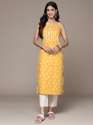 Ishin Women Printed Straight Kurta(Yellow, White)