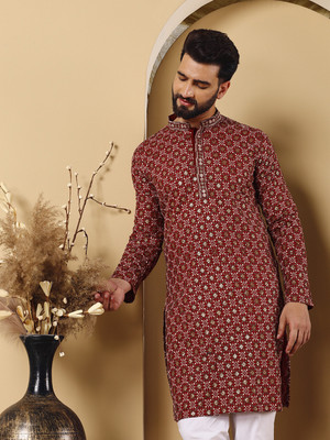 CHIRASVI Men Embroidered Straight Kurta(Maroon)