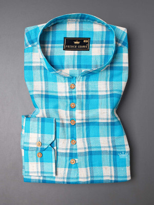 french crown Men Checkered Straight Kurta(Light Blue, White)