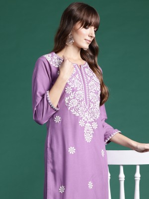 Indo Era Women Embroidered Straight Kurta(Purple)