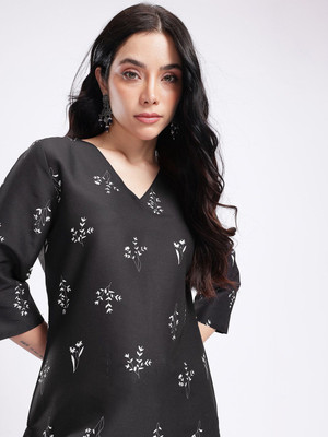 Anouk Rustic Women Floral Print Straight Kurta(Black)