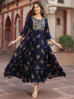lovista Women Printed Anarkali Kurta(Dark Blue)