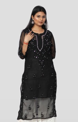 Neelam Chikan Women Chikan Embroidery Straight Kurta(Black)