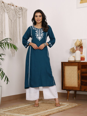 Siddiqa Creation Women Embroidered A-line Kurta(Blue)