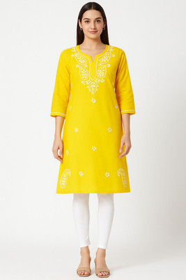 PP Clothing Women Floral Print A-line Kurta(Yellow, White)