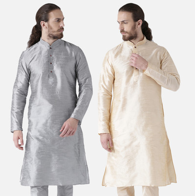 DEYANN Men Solid Straight Kurta(Beige, Silver)