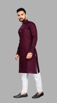 HouseOfCommon Men Striped A-line Kurta(Maroon)