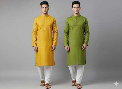 lucknowi Men Embroidered Straight Kurta(Yellow, Green)
