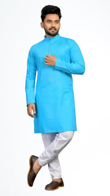 M Biswas Men Solid A-line Kurta(Light Blue)