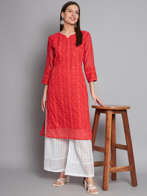 Umoly Women Chikan Embroidery A-line Kurta(Red)