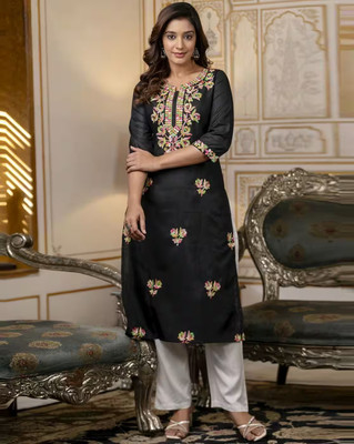 BEAUTYBEATS Women Chikan Embroidery A-line Kurta(Black)