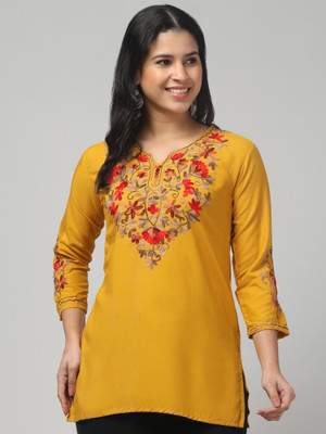 MISS DESIRE Women Embroidered A-line Kurta(Yellow)