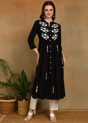 Kapad Dwar Women Embroidered A-line Kurta(Black)
