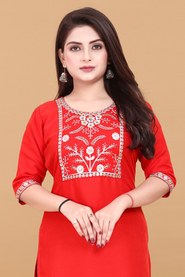 TITHIGARMENTS Women Embroidered Straight Kurta(Red)