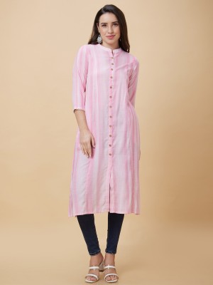 Globus Women Striped A-line Kurta(Pink)