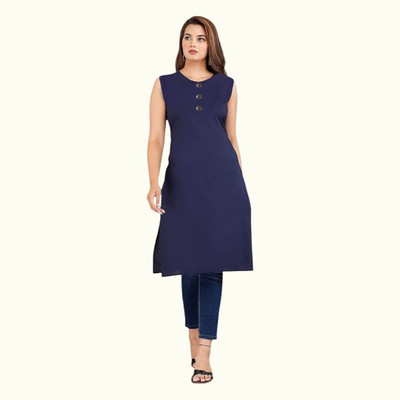 Adgood fashion Women Printed Straight Kurta(Dark Blue)