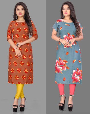 tanvi creation Women Floral Print Straight Kurta(Grey, Orange)