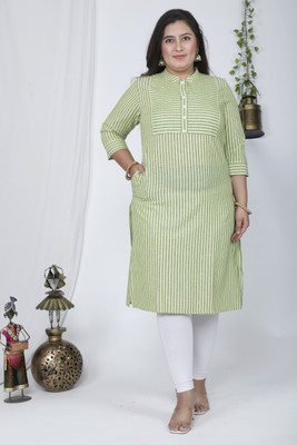 Mqueen Creation Women Striped Straight Kurta(Light Green)