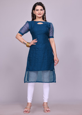 DHAAGA Women Embroidered A-line Kurta(Blue)