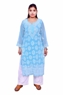 Ahl cration Women Chikan Embroidery Ethnic Dress Kurta(Blue)