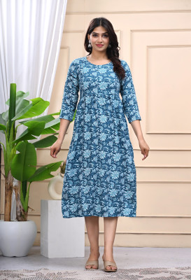 Anuvan Vastra Women Floral Print Anarkali Kurta(Light Blue)