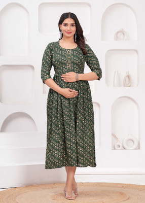 VASTRAM Women Floral Print, Printed A-line Kurta(Green, Black)