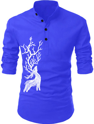 hfm Men Animal Print Straight Kurta(Dark Blue)
