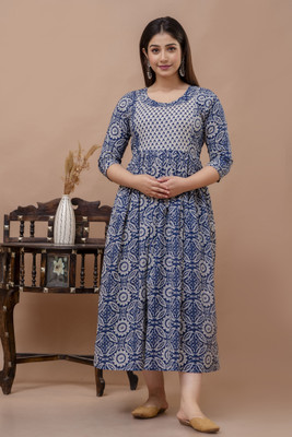 BHATRAS Women Printed Anarkali Kurta(Blue)