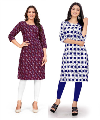 shilpa synthetic Women Printed Straight Kurta(Purple, Blue)