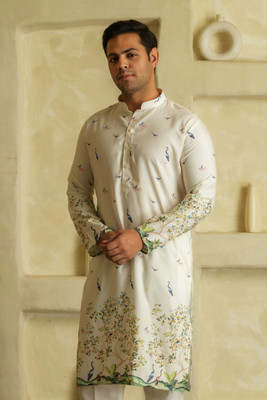 LEMONX Men Floral Print Straight Kurta(White)