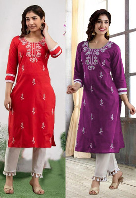 vikshi Women Chikan Embroidery A-line Kurta(Multicolor)