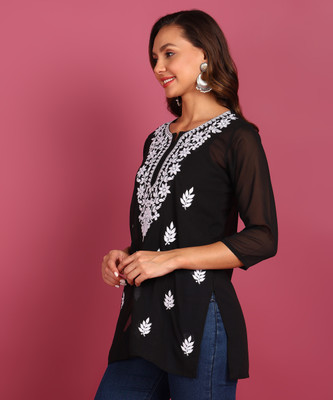 TOP N THREAD Women Chikan Embroidery, Embroidered, Self Design A-line Kurta(Black)