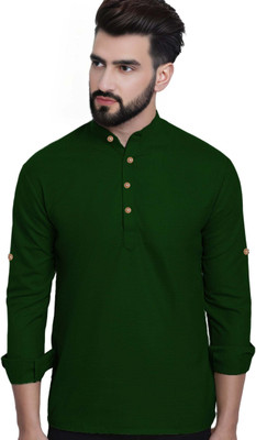 Navkanj Men Solid Asymmetric Kurta(Green)