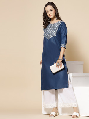 VINH FASHION Women Embroidered A-line Kurta(Dark Blue)