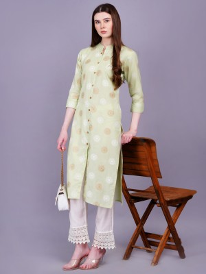 Highlight fashion export Women Floral Print Straight Kurta(Light Green, Gold, White)