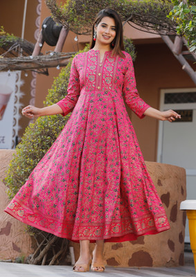 Aaradhiya Traders Women Printed Anarkali Kurta(Pink)
