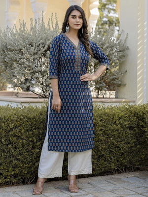 KAMODI Women Printed Straight Kurta(Dark Blue)