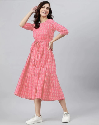 ANJAYA Women Printed Anarkali Kurta(Orange, White)