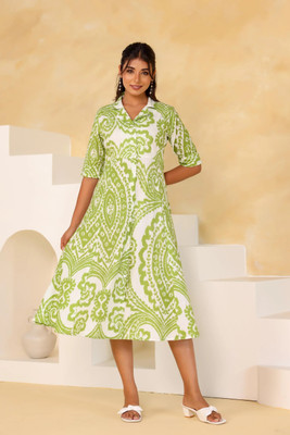 Demirner Women Printed Flared Kurta(Green)