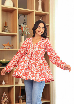 LabelAdrija Women Floral Print Anarkali Kurta(Orange)
