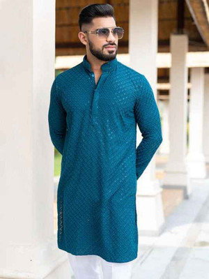 click n buy Men Embroidered Straight Kurta(Light Green)