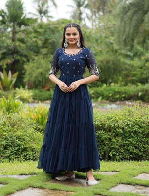 Lazzly Women Embellished Gown Kurta(Dark Blue)
