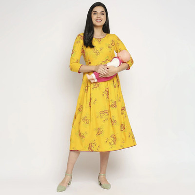 TRUE SHAPE Women Printed Flared Kurta(Yellow)