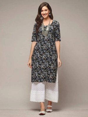 EthnicBasket Women Floral Print A-line Kurta(Black)