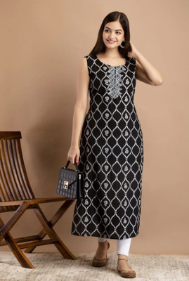 S K KANANI Women Printed Straight Kurta(Black)
