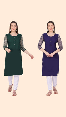 Good Straders Women Self Design A-line Kurta(Green, Blue)